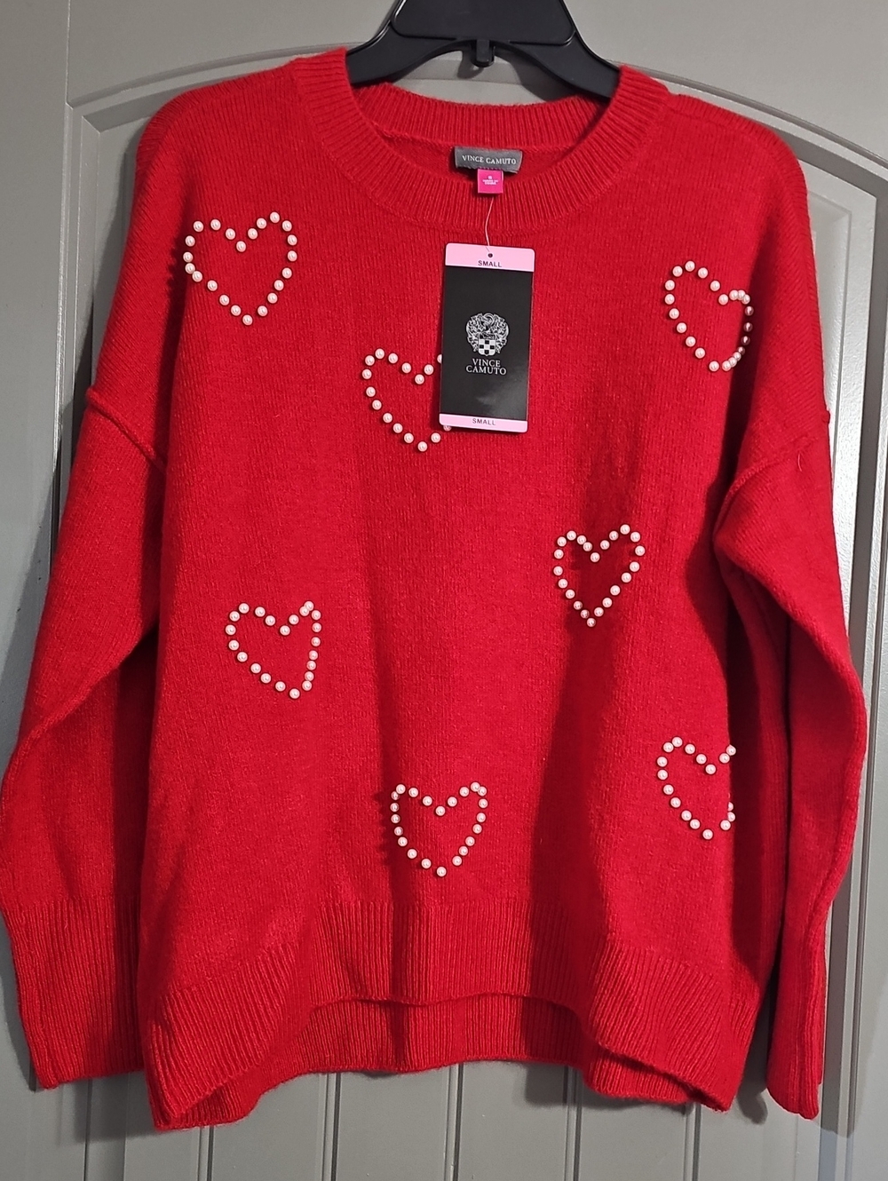 Vince Camuto Red Crewneck Sweater with Pearl Heart Accents (E)